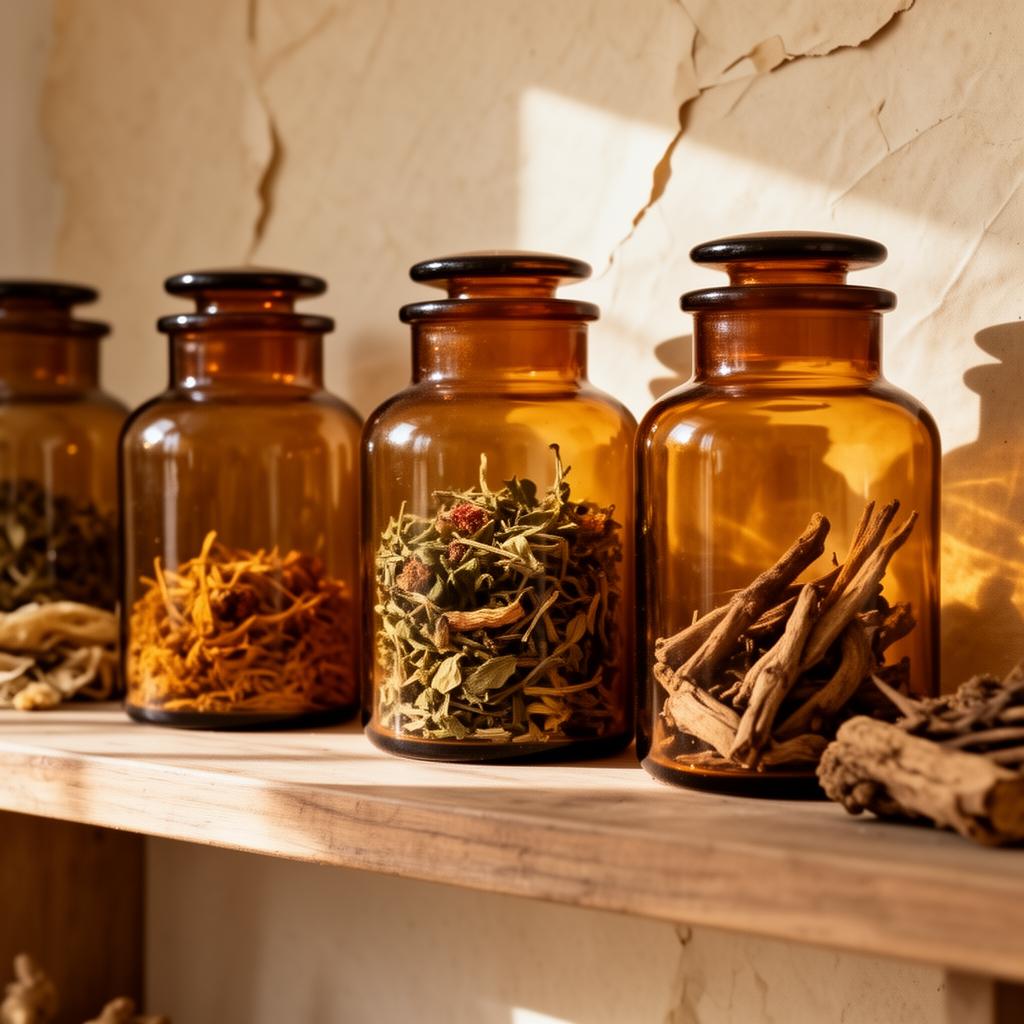 Amber apothecary jars on a sunlit shelf